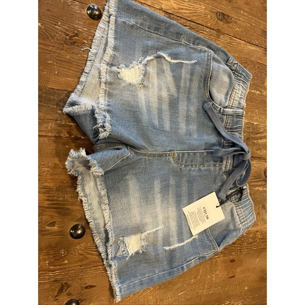 C’est Toi Black Label High Waisted Distressed Jean Light Denim Shorts Size S NWT